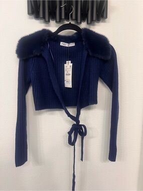 Zara Navy Ribbed Tie-Front Cardigan with Faux Fur Collar